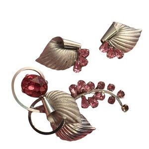 Elegant Sterling Silver 925 Boyd Bond Pink Crystal Fancy Leaf Jewelry Set